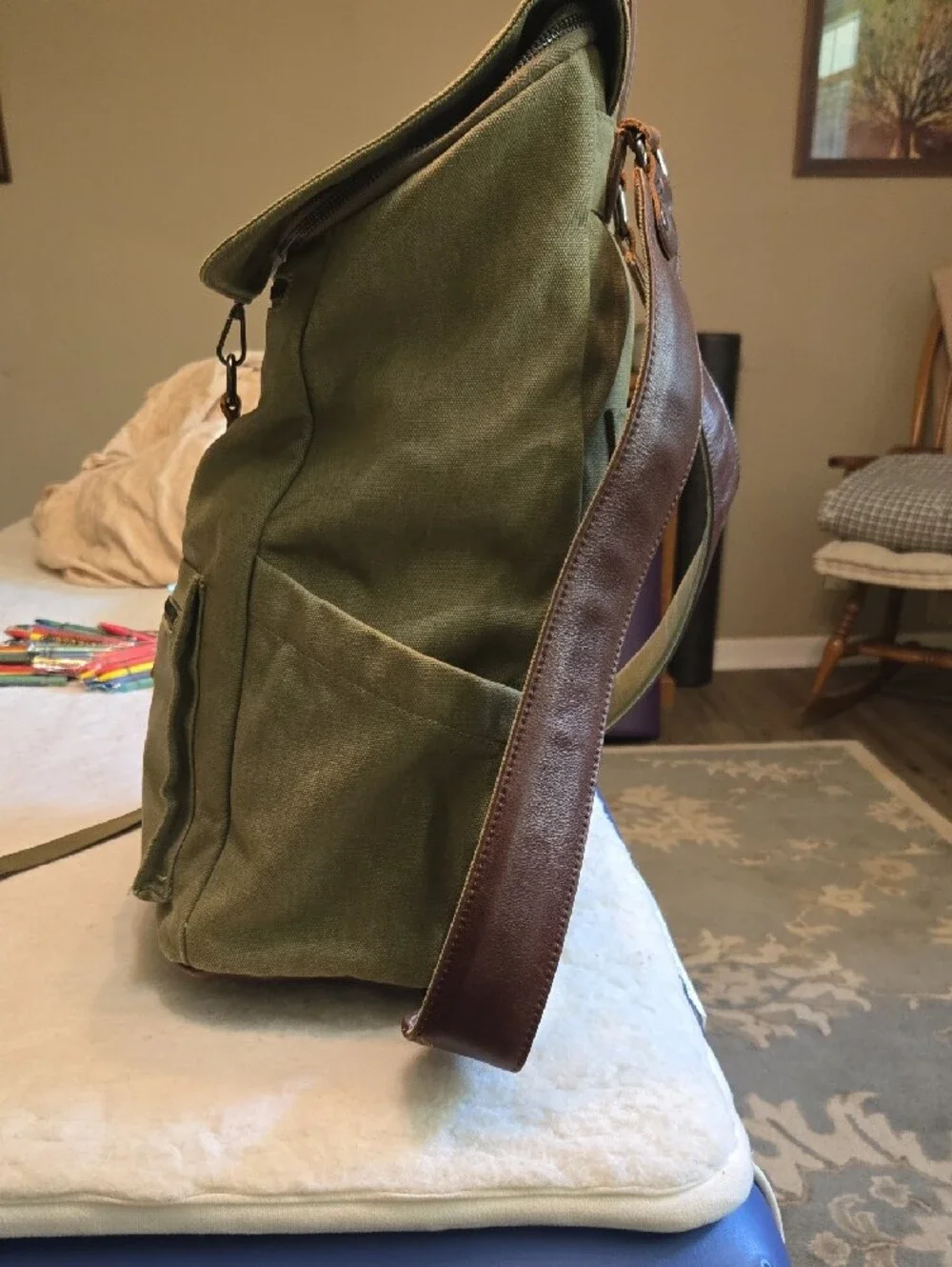 Ever Forward Green Canvas Back Pack Bag with Leather Accent